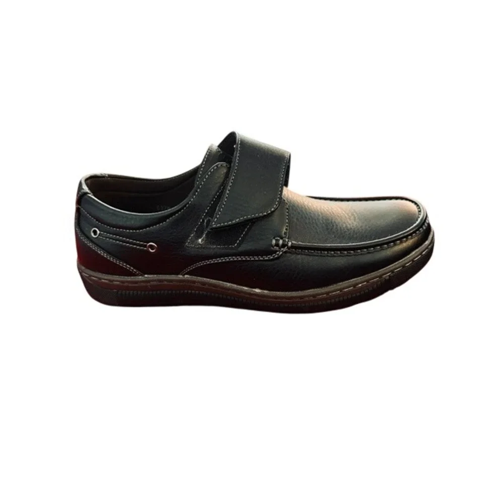 Pleasure Island Casuals Mens Black Pebbled Leather Hook Loop Loafers 10 W‎ 6376